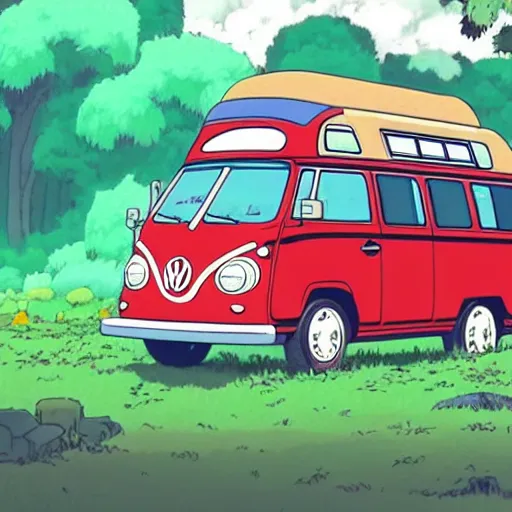 Image similar to a wide shot of a 1 9 9 0 s volkswagon camper van in a forest in the style of studio ghibli and moebius