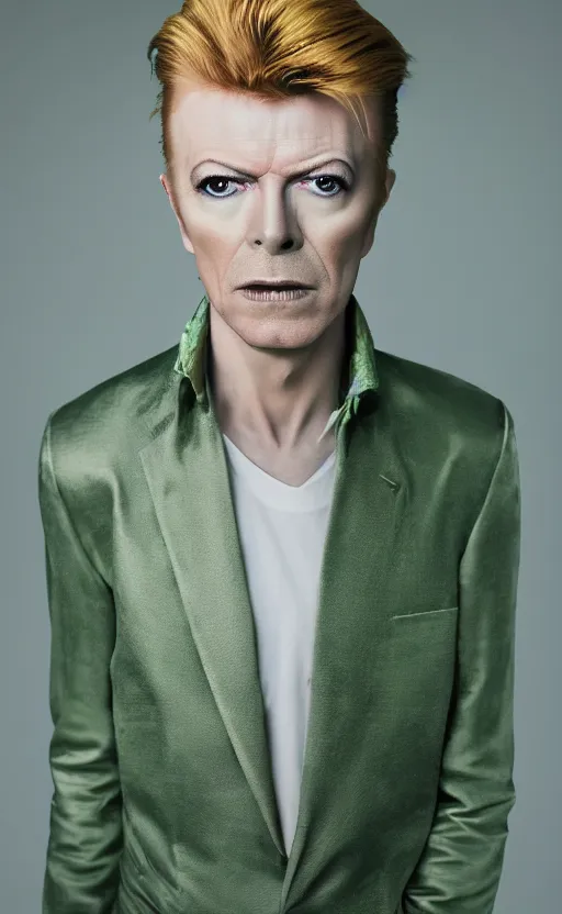 Prompt: a realistic photo of blond David Bowie in purple jacket and light green shirt, studio photography , dark grey background, softly backlit, gentle smoke effect, photo courtesy Museum of art