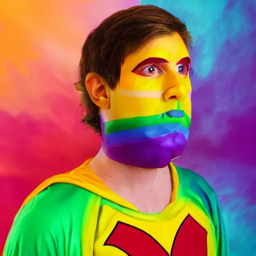 Prompt: a detailed portrait photo of a rainbow themed super hero