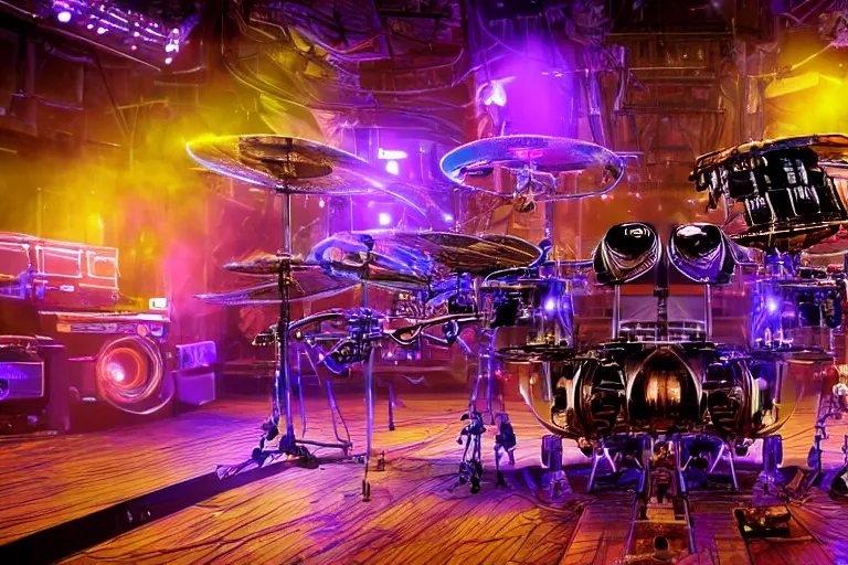 Image similar to photo of huge robotic drumset on a concert tage, the drumset is futuristic steampunk style with gears and tubes, 8 k, fluorescent colors, halluzinogenic, multicolored, exaggerated detailed, unreal engine