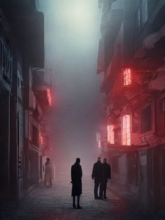 Image similar to bladerunner 2 0 4 9 fillm still of low residential building in russian suburbs, lights are on in the windows, deep night, post - soviet courtyard, cozy atmosphere, light fog, street lamps with orange light, several birches nearby, several elderly people stand at the entrance to the building