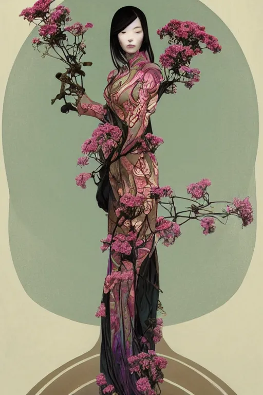 Image similar to full length portrait of a beautiful mysterious chinese humanoid holding bouquet of flowers by eve ventrue, michael carson, andreas rochas, john watkiss, casey weldon, artgerm. art nouveau. tarot card by mucha. gloomhaven. swirly intricate linework background. gaudy colors, sharp edges. octane render