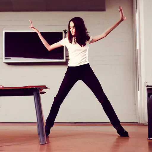 Image similar to film still of stylish girl dancing on school desk, tilted frame, 3 5 °, dutch angle, cinematography from music video