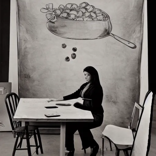 Prompt: A 10ft by 10ft art studio, an attractive woman is sitting at the table in the middle of the room with an apple on the table, woman his holding a sign, table is centered
