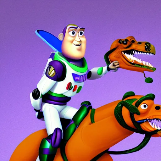 Prompt: buzz lightyear, riding a velociraptor who is shooting a laser of rabbits out of its mouth