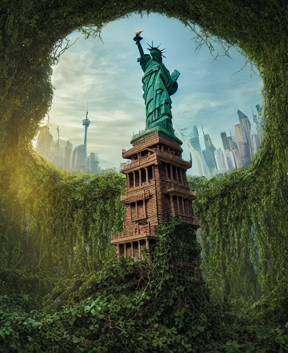 Image similar to highly detailed digital matte painting of a Lady Liberty statue covered in vines with overgrowth Full shot. By Raphael LaCoste and Ruan Jia and Robert McCall, postcyberpunk, geodesic dome, hyperdetailed, sunrise, wide shot, autochrome, octane render