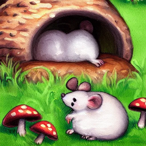 Image similar to cute fluffy mouse sitting under a mushroom house detailed painting 4 k