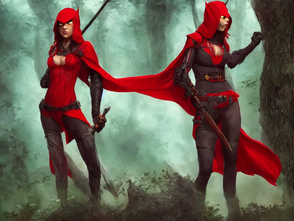 Prompt: a single girl in a red hood with a twohanded axe in deep mystical forest. award winning. dramatic. trending on artstation. style by victor hugo queiroz and jim burns. high quality