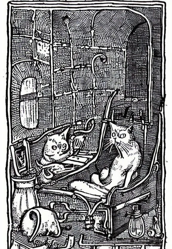 Image similar to [Devilish medieval illustration of a cat watching youtube on a computer]
