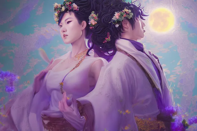 Image similar to a cinematic portrait of wedding photograph jpeg close up moment of a divine a japan sun god and moon goddess lovers magician at a wedding banquet. portraiture. digital painting. artstation. concept art. fantasy wedding photo. digital painting, 8 k realistic, hyper detailed, violet evergarden art masterpiece by art by krenz cushart