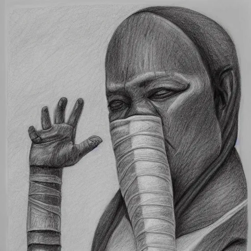 Image similar to mummy in bandages touches the hand of warrior, pencil drawing