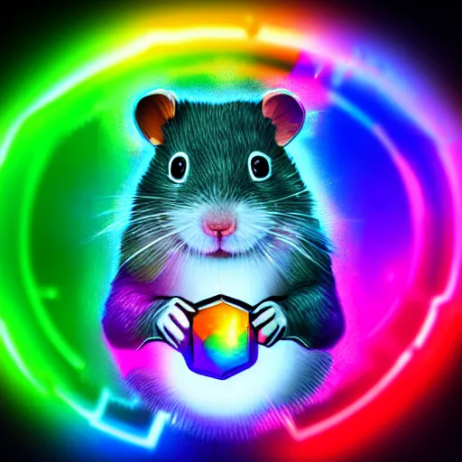 Image similar to cyberpunk hamster! holding rainbow! gem! crystal, neon lights, light reflection, logo, 8 k, hd