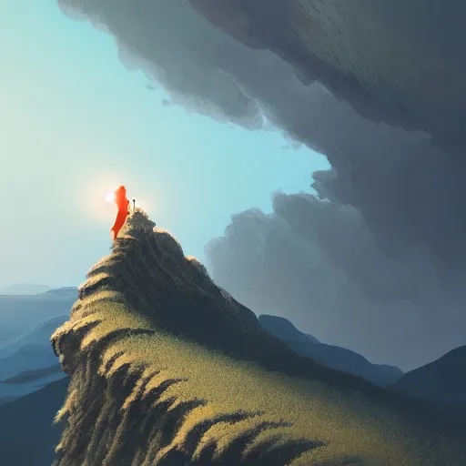 Image similar to a lonely shadow standing on top of a mountain with dark clouds, by Victo Ngai and James Gilleard and Bruce Pennington, Sung Choi, 8k photorealistic, cinematic lighting, HD, high details, dramatic, dark atmosphere, trending on artstation, sunshaft, Raytracing, Holographic