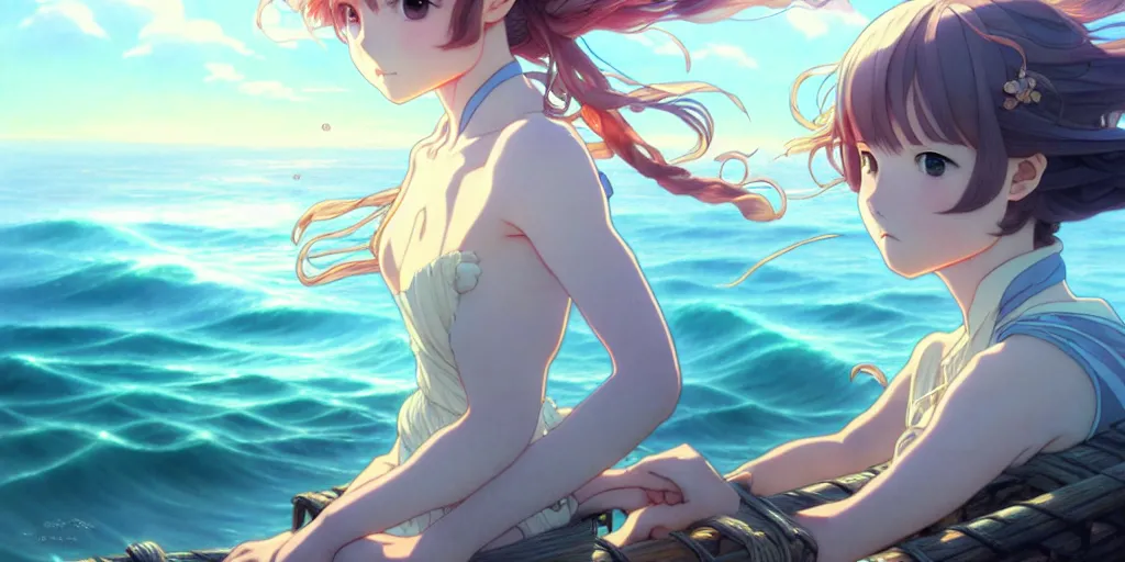 Image similar to the girl and the sea. anime, fantasy, smooth. early morning, digital painting, by hayao miyazaki and rossdraws and artgerm and chie yoshii and detmold and greg rutkowski and alphonse mucha. artstation. beautiful, high quality, stunning, intricate detailed environment. 8 k