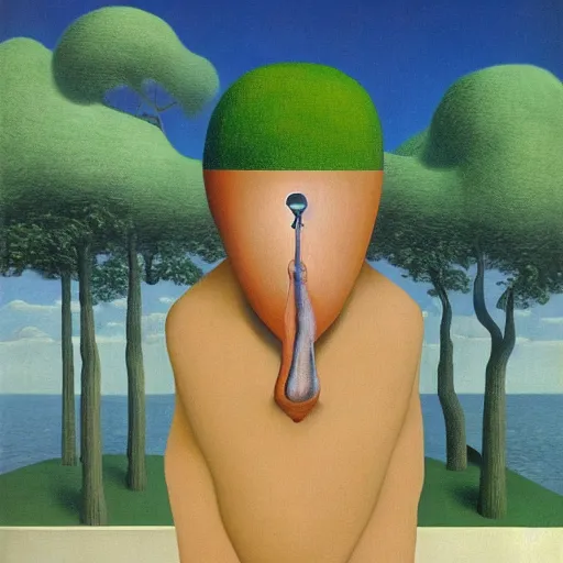 Prompt: surrealist painting of a man with a trunk for a nose, René Magritte