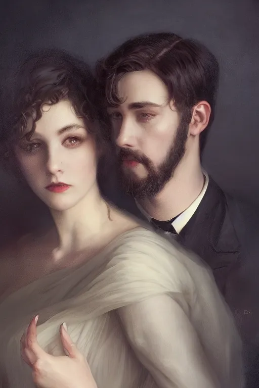 Image similar to a portrait of handsome young evil male Satan and his elegant beautiful wife, bored, illustration, dramatic lighting, soft details, painting oil on canvas, art nouveau, octane render, HDR, 4k, 8k, HD, by Edmund Blair Leighton, Brom, Charlie Bowater, trending on artstation, faces by Tom Bagshaw, Sargent