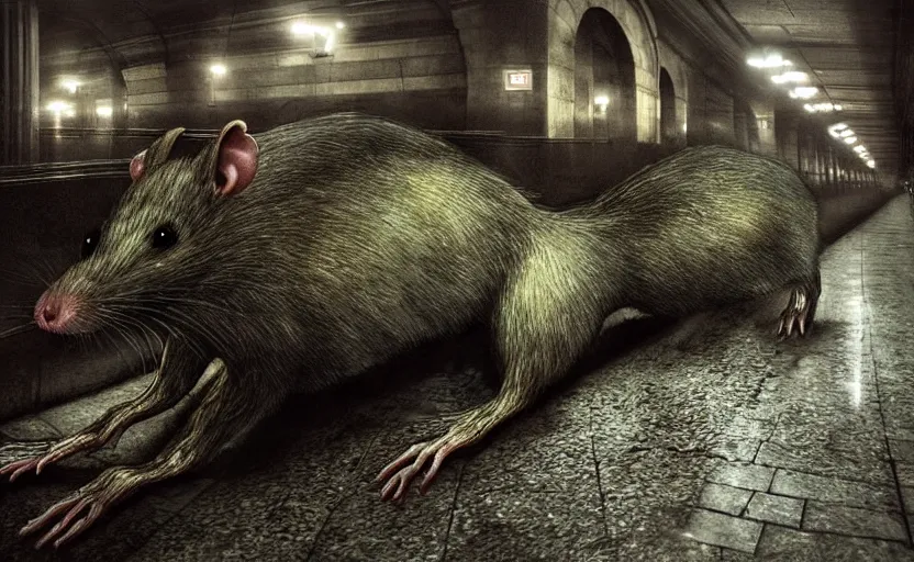 Prompt: very large giant mutant zombie rat with cancer in tonnel of moscow metro. extreme high detail. low dark light, scary atmosphere.