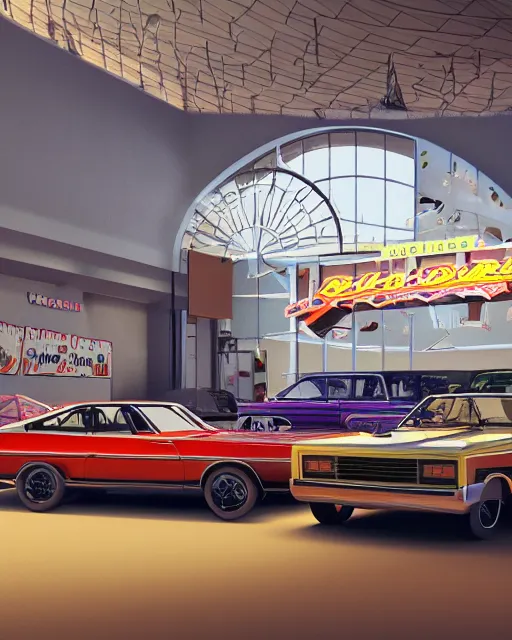 Image similar to indoors of car show pavilion with great cars of 1970s with stages like drive in and gas station, volumetric lighting, funky design, 1970s palette, hyper realism, high detail, octane render, high contrast , 8k