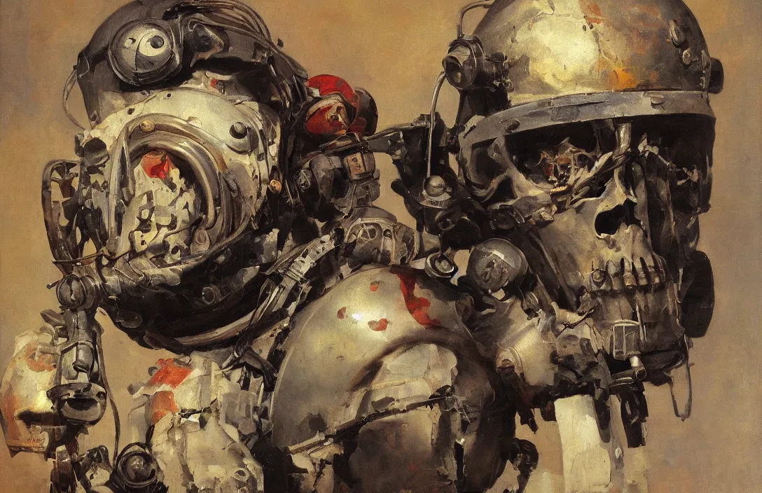 Image similar to portrait of deep sea diver helmet, detailed skull face, detailed painting, epic lighting, by ilya repin, phil hale and kent williams