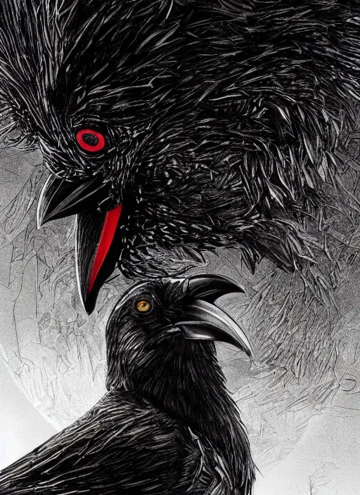 Image similar to portrait, A crow in front of the full big moon, book cover, red white and black colors, establishing shot, extremly high detail, foto realistic, cinematic lighting, pen and ink, intricate line drawings, by Yoshitaka Amano, Ruan Jia, Kentaro Miura, Artgerm, post processed, concept art, artstation, matte painting, style by eddie mendoza, raphael lacoste, alex ross