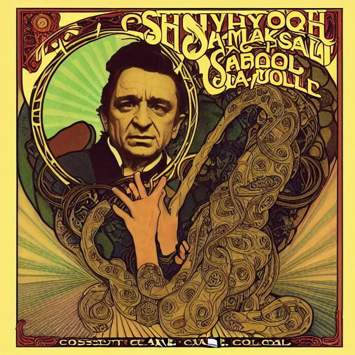 Prompt: album cover for the Johnny Cash and Snake Oil colab record. Snake oil, quackery, folk medicine, scamming, beautiful album cover with no text, artwork by Alphonse Mucha, snake oil