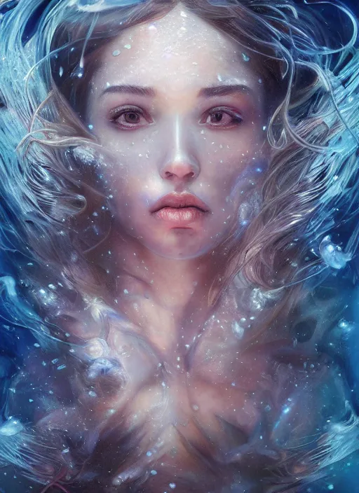 Image similar to an underwater photographic portrait of a woman created out of starlight and smoke, cinematic, volumetric lighting, beautiful fantasy, intricate, elegant, highly detailed, digital painting, artstation, concept art, smooth, sharp focus, illustration, art by ayami kojima, artgerm and h r giger and alphonse mucha