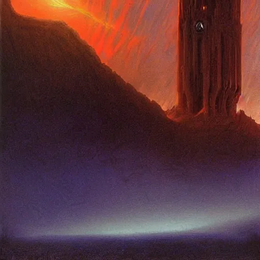 Prompt: dark phantasy painting of the dark tower, by bekinski, by john howe, by thomas cole