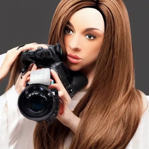 Image similar to a dslr camera with a brunette wig, hyperrealistic