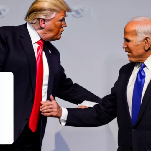 Image similar to photo of donald trump shaking joe bidens hand, gracefully accepting election results. conceding. wow the ai only shows donald trump shaking just own hand somehow lol...