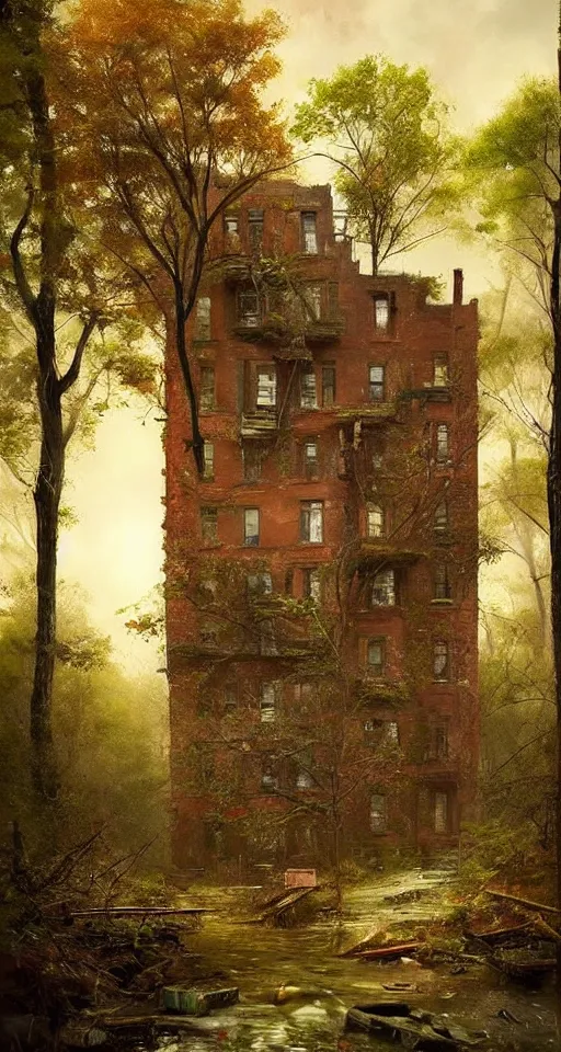 Image similar to (((((a ramshackle manhattan brick brownstone deep in the forest, completely overgrown))))) by Max Maximov!!!!!!!!!!!!!!!!!!!!!!!!!!!