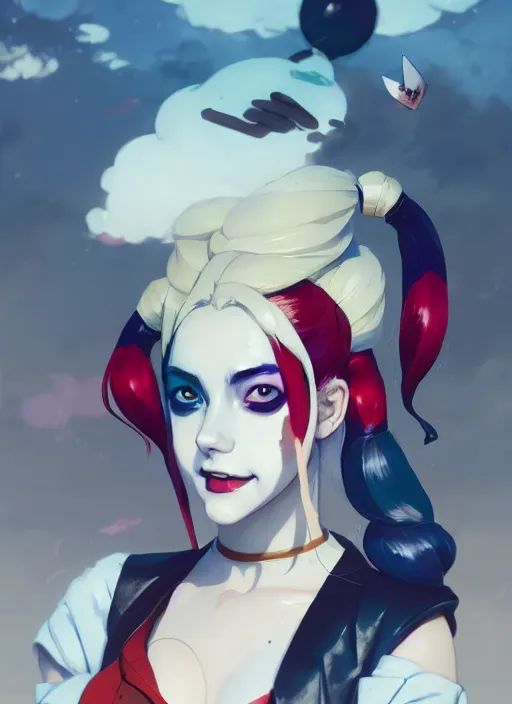 Image similar to portrait of harley quinn, cloudy sky background lush landscape illustration concept art anime key visual trending pixiv fanbox by wlop and greg rutkowski and makoto shinkai and studio ghibli