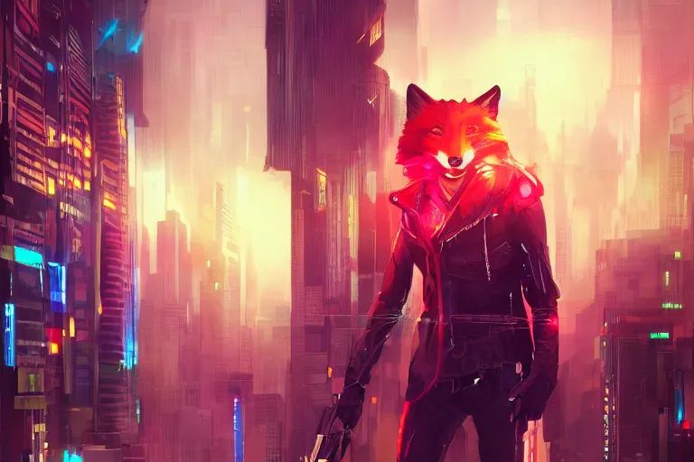 Image similar to a transhuman fox in a cyberpunk city, trending on artstation, by kawacy, neon backlighting