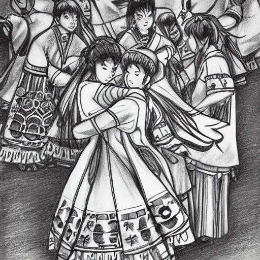 Prompt: round dance, folkloric dance, beautiful pencil drawing in anime style, sharp and precise, detailed