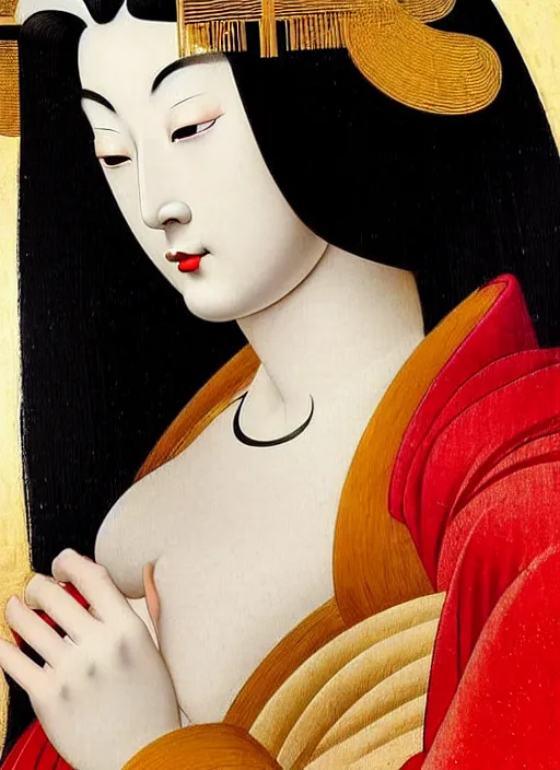 Prompt: glamorous and sexy Geisha portrait, beautiful pale makeup, pearlescent skin, curvy, elegant pose, very detailed face, highly detailed kimono, photorealism, sharp focus, soft diffuse autumn lights, some sunlight ray, zen temple and smoky background, masterpiece painted by Leonardo da vinci and moebius and Sandro botticelli