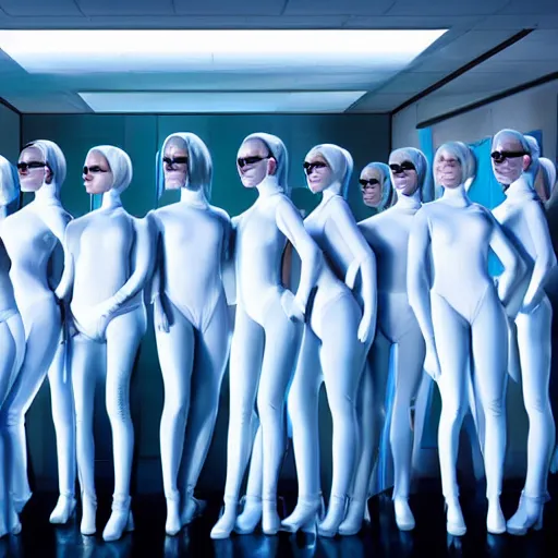 Image similar to troop of cloned women with white bob hairdos, tight light blue neopren suits, futuristic production facility, sci - fi, highly detailed, cinematic