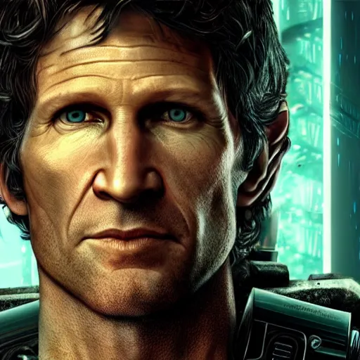 Image similar to todd howard with a pistol, forcing you to buy skyrim, threatening, sharp, cinematic, colorful, digital art, neon, bright, cyberpunk, blade runner 2 0 4 9, realism, bold