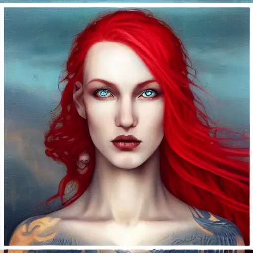 Image similar to A detailed matte oil on canvas head on symmetrical portrait of a distinguished elven woman with red and blue hair on an empty background, by Charlie bowater, Lise Deharme, Wlop, trending on artstationhd, dungeons and dragons art, parted hair , half blue, half red , split dye, critical role