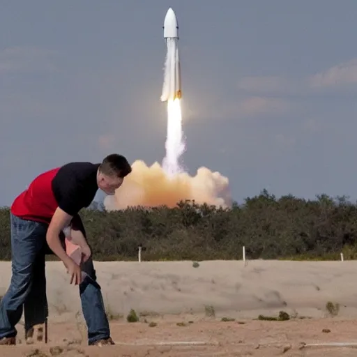 Image similar to a rocket launching with Elon Musk's head for a tip