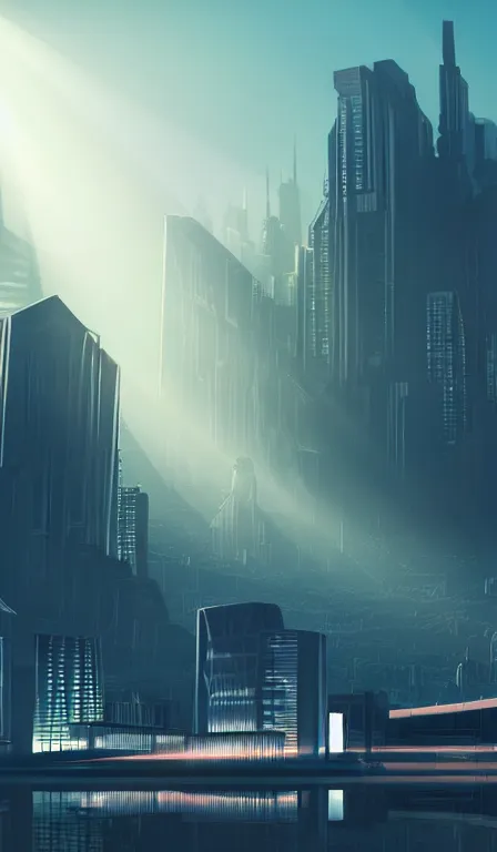 Prompt: futuristic urban island city at dusk. the imposing silhouette of a shadowy space cop. cgartist. leading lines. volumetric lighting. god rays.