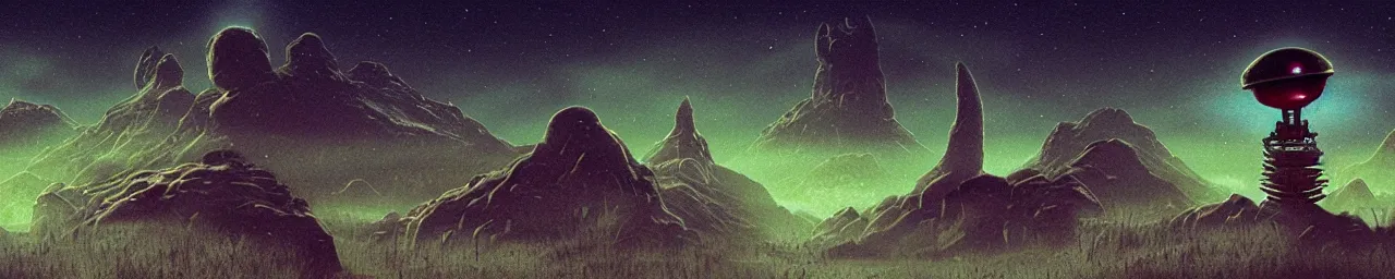 Image similar to retro sci-fi alien landscape