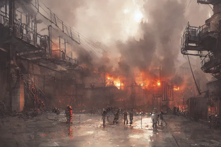Prompt: factory interior set on fire with people trying to extinguish fire, papyrus, watercolored, jakub rozalski, dark colours, dieselpunk, artstation