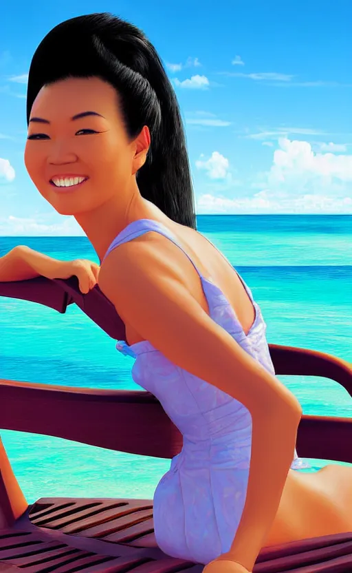 Prompt: asian woman with black ponytail sitting on a beach chair on a a cruise ship overlooking the bahamas, digital art high detail