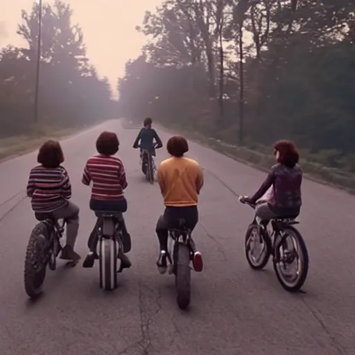 Image similar to stranger things four friends riding their bike encounter a demogorgon