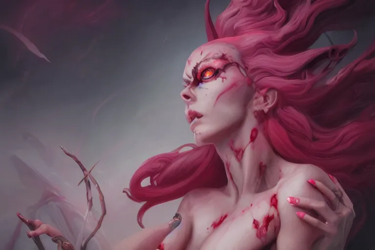 Image similar to an insanely detailed close up portrait of a succubus, black sclera, blood red pupils, pink skin, in the style of peter mohrbacher, artgerm, dramatic lighting and composition, pink fog background, octane render, trending on artstation, concept art 8 k