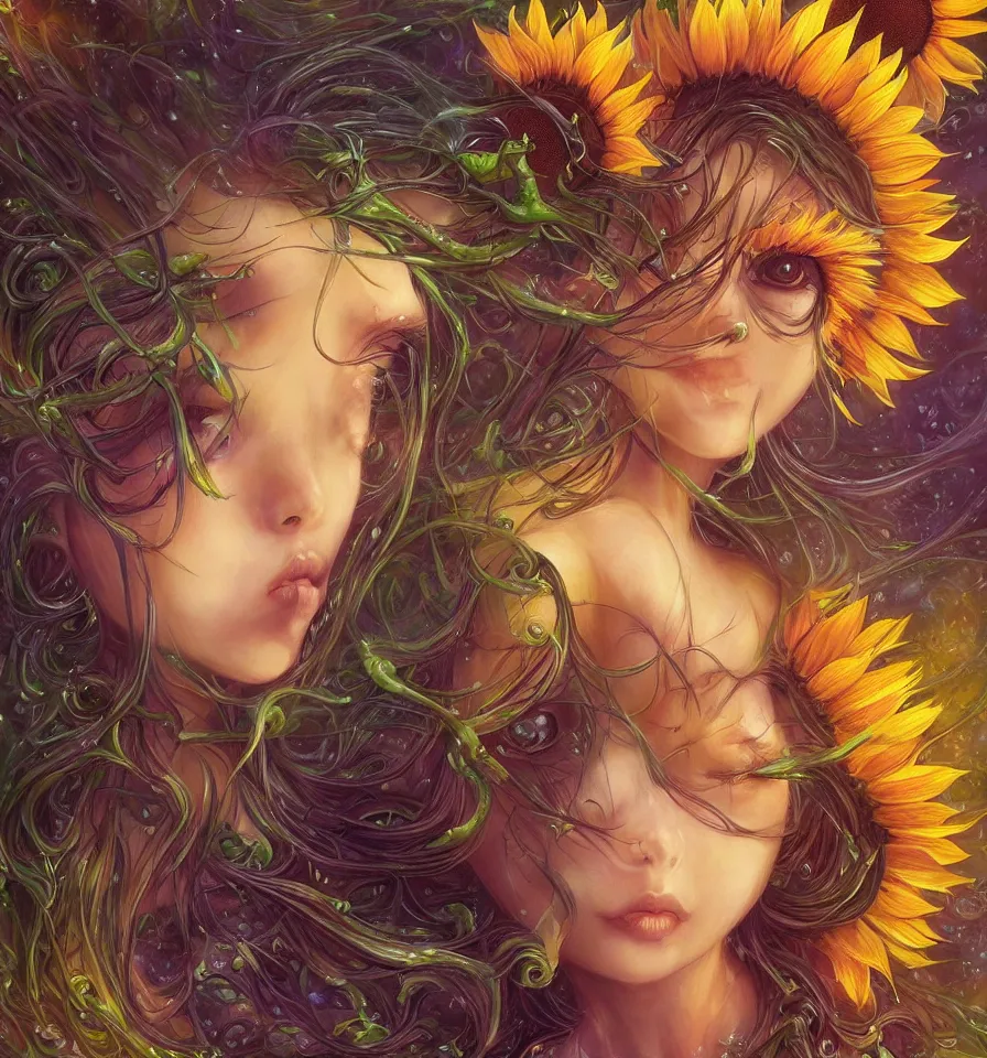 Image similar to a cute sunflower nymph of east - asian descent, created by antonio j. manzanedo, giger, alex grey, android jones, wayne barlowe, philippe druillet, raymond swanland, cyril rolando, josephine wall, harumi hironaka, trending on artstation