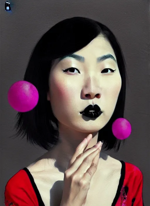 Image similar to portrait of an asian woman with a crooked nose and a confident expression, 1 9 6 0 s, black clothes, goth, punk, brightly coloured hair, funk, intricate, elegant, highly detailed, digital painting, artstation, concept art, smooth, sharp focus, illustration, art by wlop, mars ravelo and greg rutkowski