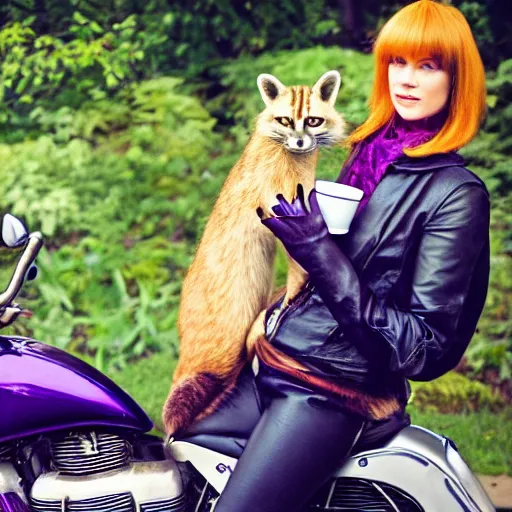 Image similar to a photo by arbus of a slender beautiful woman with straight ginger hair and bangs, wearing purple leathers and gold helmet, posing with large ginger tabby and raccoon on a motorcycle in front yard, holding coffee mug and toasted brioche bun, fashion photography, dramatic lighting, 8 5 mm lens