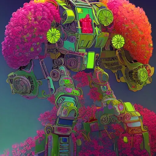 Prompt: colourful vfx art - portrait of mecha robot wrapped in flowers & vines, art by hsiao - ron cheng & james jean, volumetric light, colourful, sharp, detailed, digital painting, illustration, illustration, highly detailed, intricate detail, unreal engine, octae render, pinterest, behance, art station,