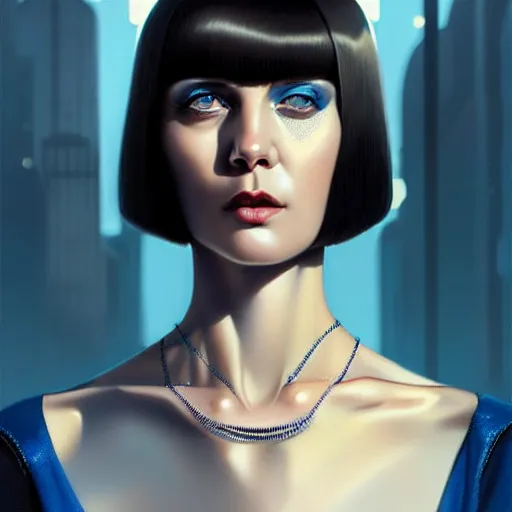 Prompt: woman with dark bobcut haircut with friendly blue eyes and slim features looking askance, eye cyberpunk bionics, retro futurist style, intricate, elegant gleaming jewelry, angelic halo, highly detailed, digital painting, artstation, concept art, smooth, sharp focus, illustration, art by wlop, mars ravelo and greg rutkowski,