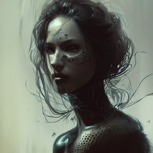 Prompt: portrait of a woman with long black hair and insects coming out of holes in her skin, trypophobia, dramatic lighting, illustration by Greg rutkowski, yoji shinkawa, 4k, digital art, concept art, trending on artstation